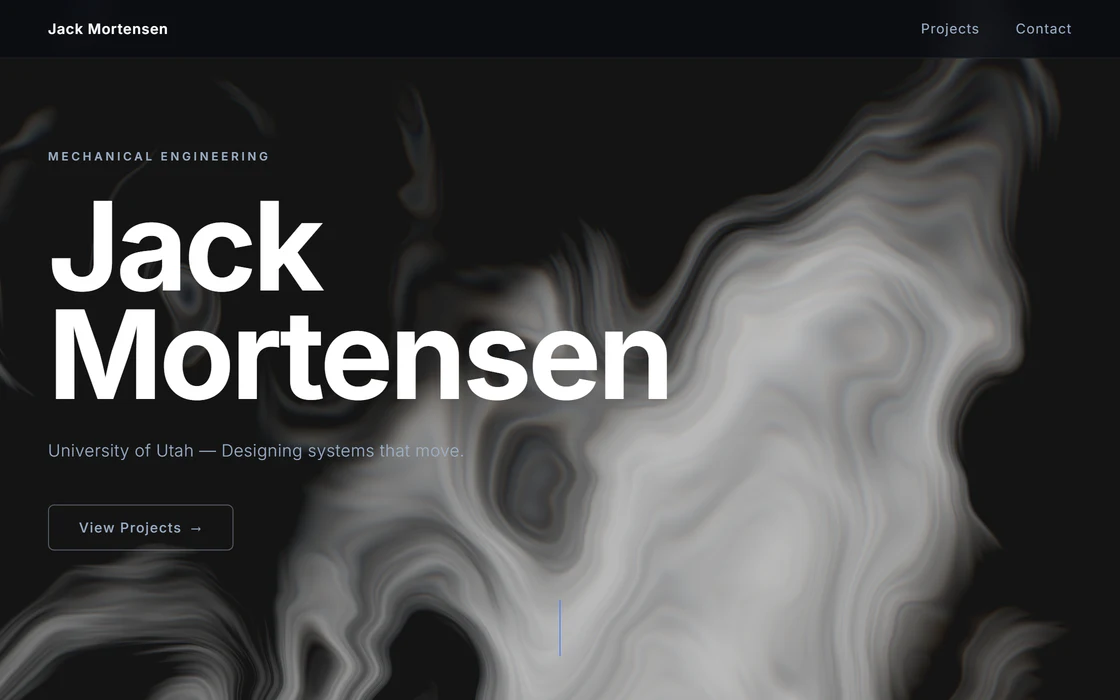 The portfolio home page: the name in large white type over a dark, marbled fluid background.